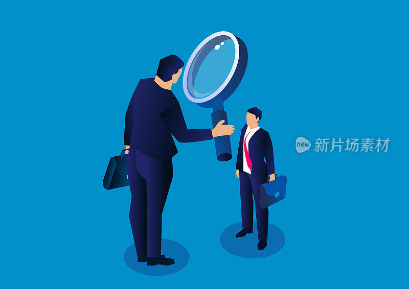 Big businessman holding magnifying glass observing small businessman standing at his feet, concept of recruitment and review
